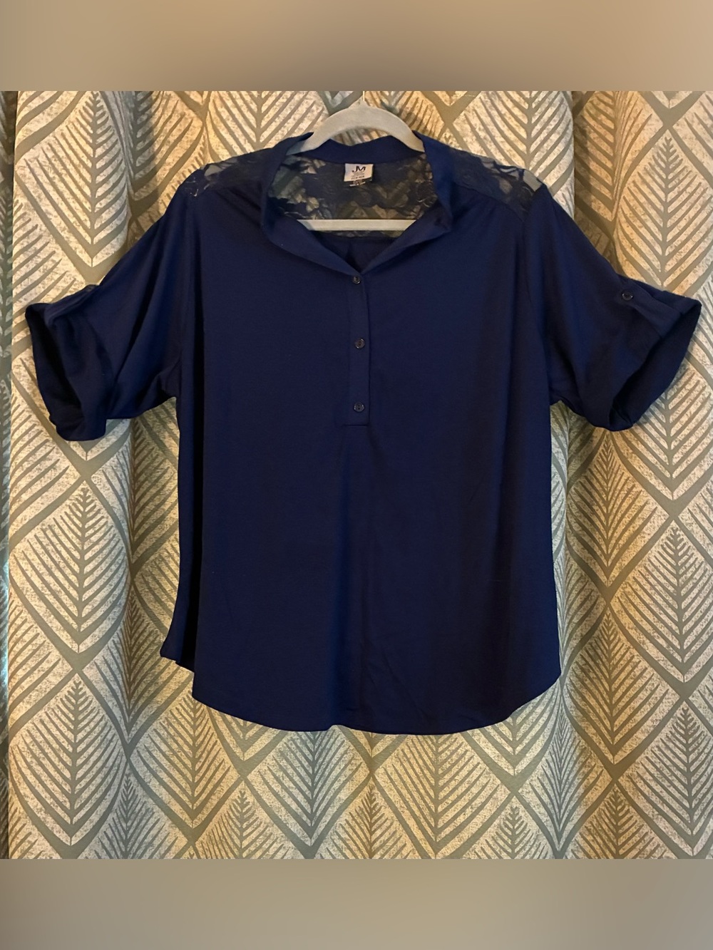 Jonathan Martin Navy Button-Front Lace-Yoke Blouse